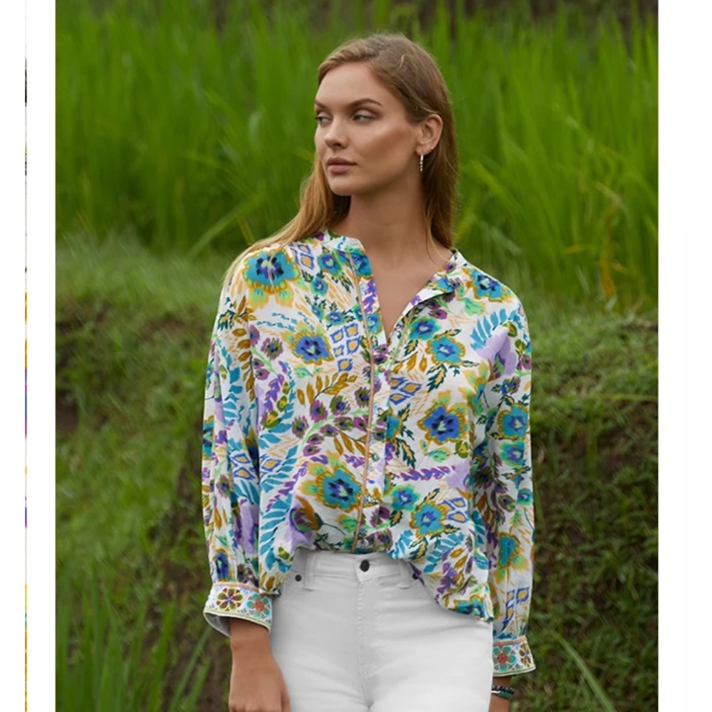 Johnny Was Ikat Bloom Shirred Yoke Blouse size S